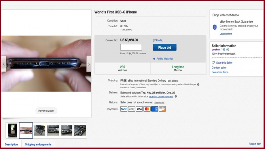 यूएसबी सी चार्जिङ पोर्टयुक्त पहिलो आईफोन एक्स ईबेमा ८६ हजार १ डलरमा बिक्री